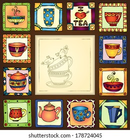 Tea cups   pots frame funny banner hand drawn design  EPS10 organized in groups for easy editing 