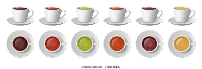 Tea cups, realistic tasty beverages served in ceramic mugs with handles and saucers. Vector cafe or restaurant order, different herbal tastes of warm drinks. Side and top view on dishware