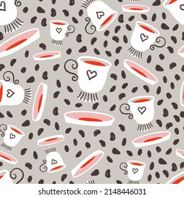 Tea Cups and Saucer with Beans Vector Seamless Pattern