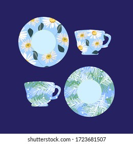 Tea cups and saucers painted with patterns, vector illustration