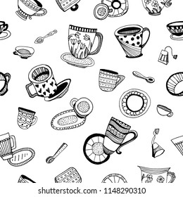Tea cups, saucers, spoons vector hand drawn seamless background 