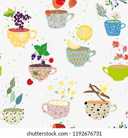 Tea cups seamless pattern with many sorts, retro style. Vector graphic illustration