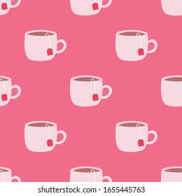 Tea cups seamless repeat pattern.Cute vector pink cups on a pink background.