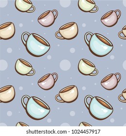 Tea cups seamless vector pattern. Decoration for menu and cafe. Template for fabric and wrapping. Traditional hot drink.