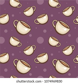 Tea cups seamless vector pattern on violet background. Decoration for menu and cafe. Template for fabric and wrapping. Traditional hot drink.