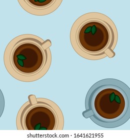 Tea cups seamless vector pattern. Morning cafe or restaurant breakfast. Top view vector image.