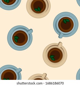 Tea cups seamless vector pattern. Morning cafe or restaurant breakfast. Vector template background tile