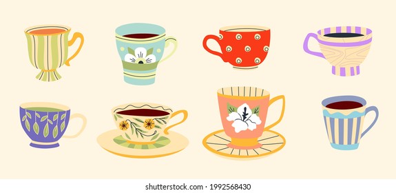 Tea cups set isolated on beige background. Colorful modern flat design. Porcelain mugs vector illustrations.