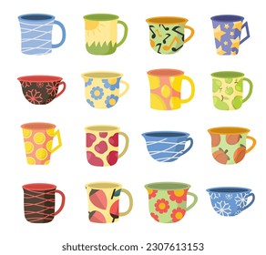 tea cups set . vintage teacup collection, tea ceremony. mugs with fruits, flowers, lines, hand drawn patterns. vector cartoon flat illustration