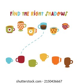 Tea cups shadow game kids quiz vector set