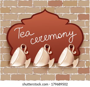 tea cups with signboard. vector illustration