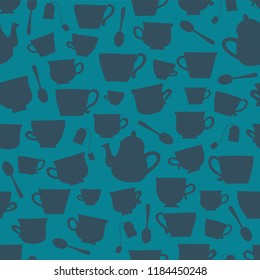 Tea cups silhouettes vector seamless pattern background darkblue on teal. Tea time. Cups, teapots, spoons, teabags. For packaging, fabric, menu, cafe, bakery, tea party, card, winter, scandinavian