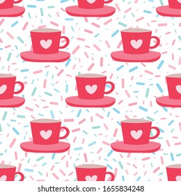 Tea cups and sprinkles seamless repeat vector pattern for wrapping paper,prints,fabrics.