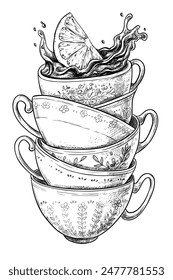 Tea cups stack with lemon vector sketch illustration 