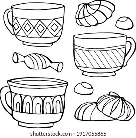 Tea cups with sweets on a white background. Coloring illustration with dish. Hand drawn cup for adult coloring book,pages,art therapy. Illustration for posters and greeting cards.