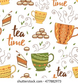 Tea, tea cups, sweets seamless doodle pattern. Repeated and tiled design on the white background.