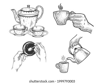 Tea cups teapot and coffee set line art sketch engraving vector illustration. T-shirt apparel print design. Scratch board imitation. Black and white hand drawn image.