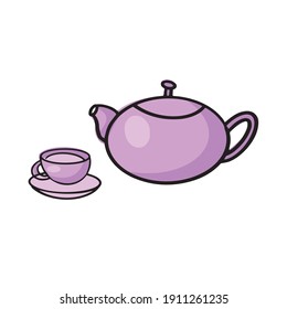 Tea cups and teapot, hand drawn outline doodle icon. Hot drink sketch vector illustration of tea cup for print, web, mobile and infographic.