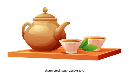 Tea cups and teapot on wooden tray vector illustration