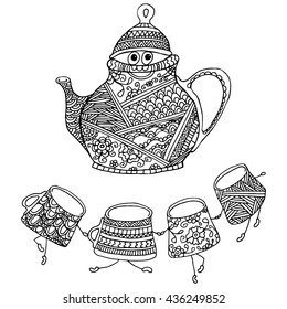 Tea cups and teapot pattern. Adult coloring book. Joy to adult colorists, who like art, relax and meditation.