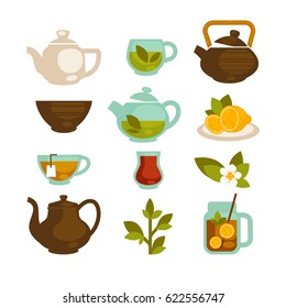 Tea cups, teapot and teabags vector icons set for menu