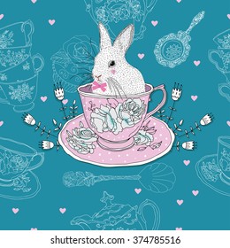 Tea cups, teapot, teaspoons ,rabbit. Easter seamless pattern.