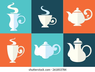 tea cups and teapots in flat style