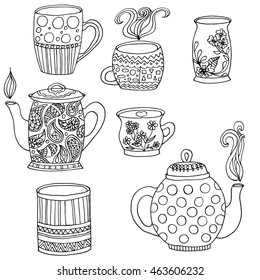 Tea cups and teapots, seamless doodle pattern. Adult coloring book. Vector set