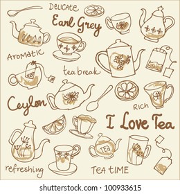 Tea cups and teapots sketchy doodles vector