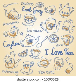 Tea cups and teapots sketchy doodles vector