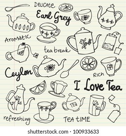 Tea cups and teapots sketchy doodles vector