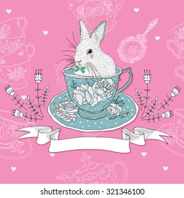 Tea cups teapot,tea spoon and rabbit seamless pattern 