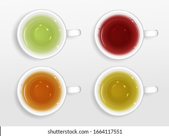 Tea cups top view set. Black, green, red and yellow herbal hot drinks isolated on white background, round teacups with different colored beverages mockup, Realistic 3d vector illustration, clip art