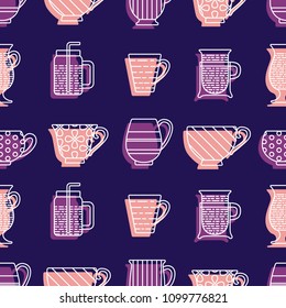 Tea cups with violet and light pink spots, made in vector. Seamless pattern. Graphic texture for design, wallpaper.