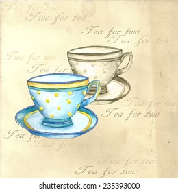 Tea cups watercolor on the retro backgrounds.