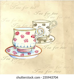Tea cups watercolor the retro backgrounds 