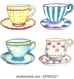 Tea cups watercolor the white backgrounds 