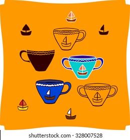 Tea cups and yachts. Vector set. 