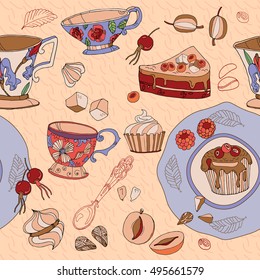 Tea cute seamless pattern saucers, cups and sweets tea background tea time hand drawn vector illustration 