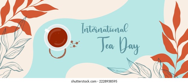 Tea Day banner in boho style with tea mug and smudge prints with drops, International Tea Day, botanical doodle leaves.