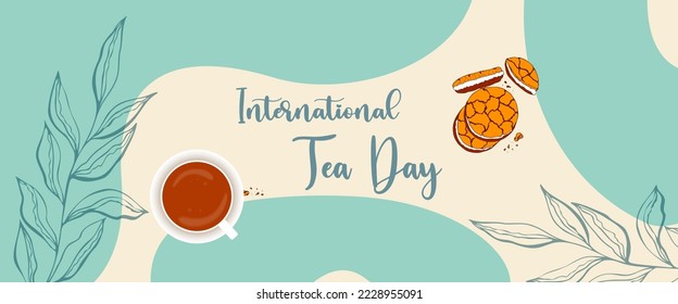 Tea Day banner in boho style with tea mug and cookies, International Tea Day, botanical doodle leaves.