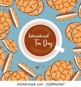 Tea Day banner with tea mug and cookies, International Tea Day, botanical doodle leaves.