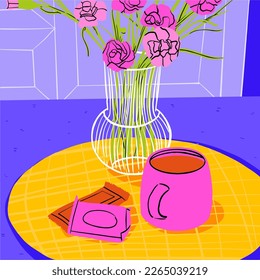 Tea day composition with flowers and teacup isometric vector illustration. Illustration for graphic, content , banner, sticker label and greeting card