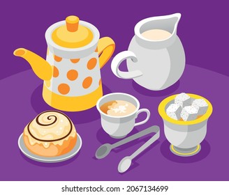 Tea day composition with spoon sugar and milk isometric vector illustration