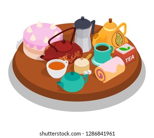 Tea day concept banner. Isometric banner of tea day vector concept for web, giftcard and postcard