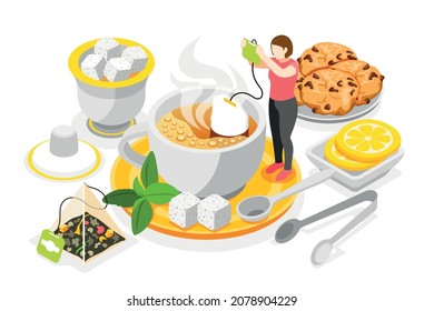 Tea day concept with teabag lemon and sugar isometric vector illustration