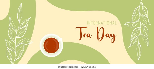 Tea Day green banner in boho style with tea mug , International Tea Day, botanical doodle leaves. Vector illustration