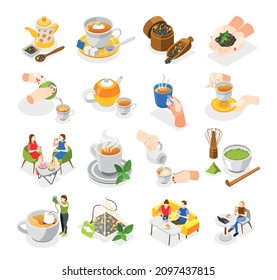 Tea day icons set with green red and herbal tea isometric isolated vector illustration