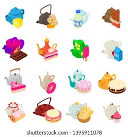 Tea day icons set. Isometric set of 16 tea day vector icons for web isolated on white background
