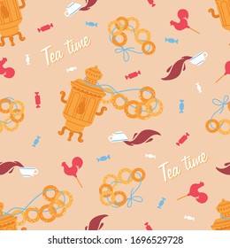 Tea Day. Russian folk tea party. Samovar, bagels, cockerel lollipop and so on. Tea Day Russian folk tea party. Samovar, bagels, cockerel lollipop and so on. Seamless pattern.